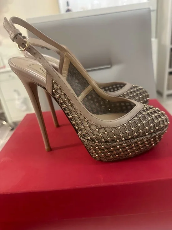 Valentino Taupe Studded Slingback Platform Pumps AUTHENTIC - Picture 3 of 9